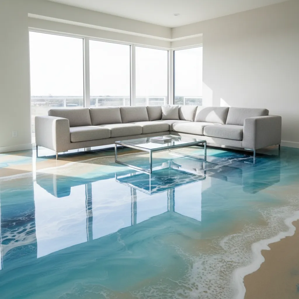 modern living room with glossy 3D epoxy flooring design
