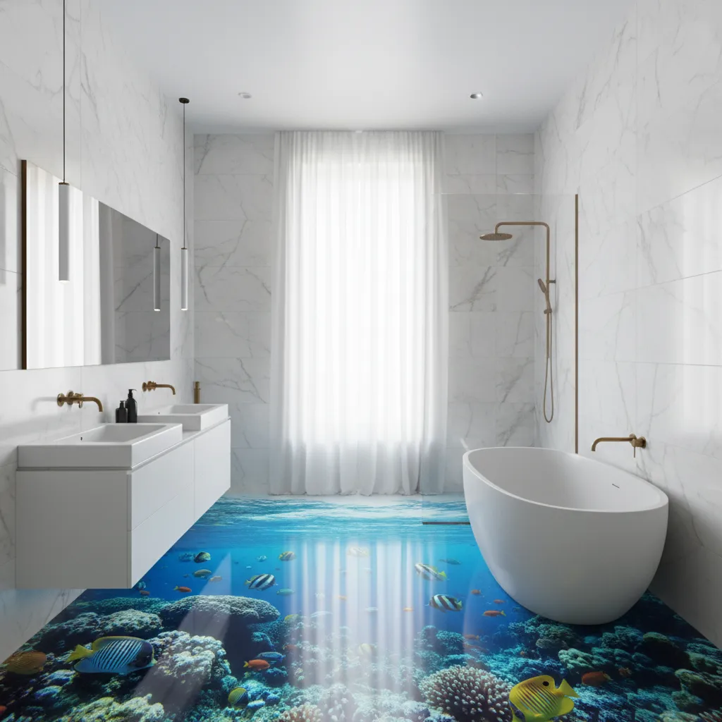 Modern white bathroom with double sinks and bathtub featuring a 3D ocean floor with fish