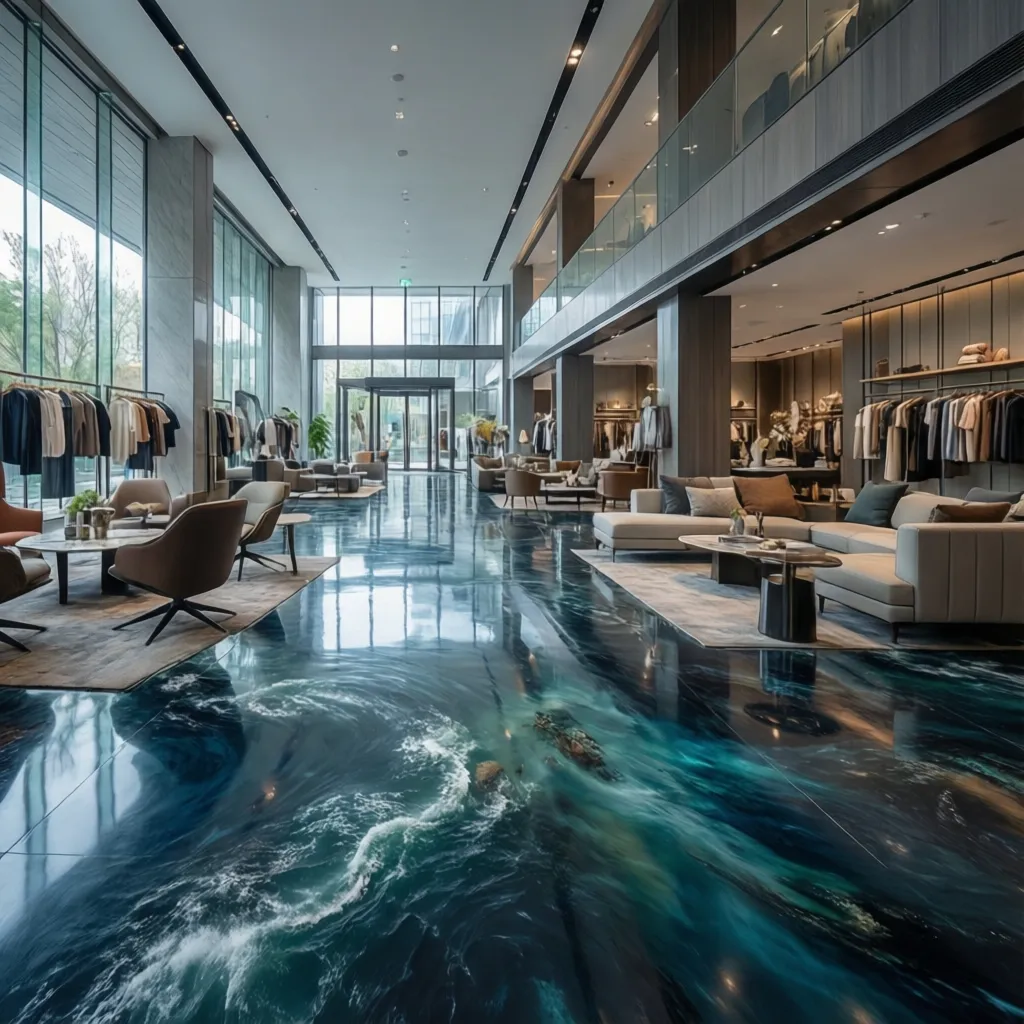 Large store with dark blue ocean wave floor, grey sofas, clothing racks, and bright windows