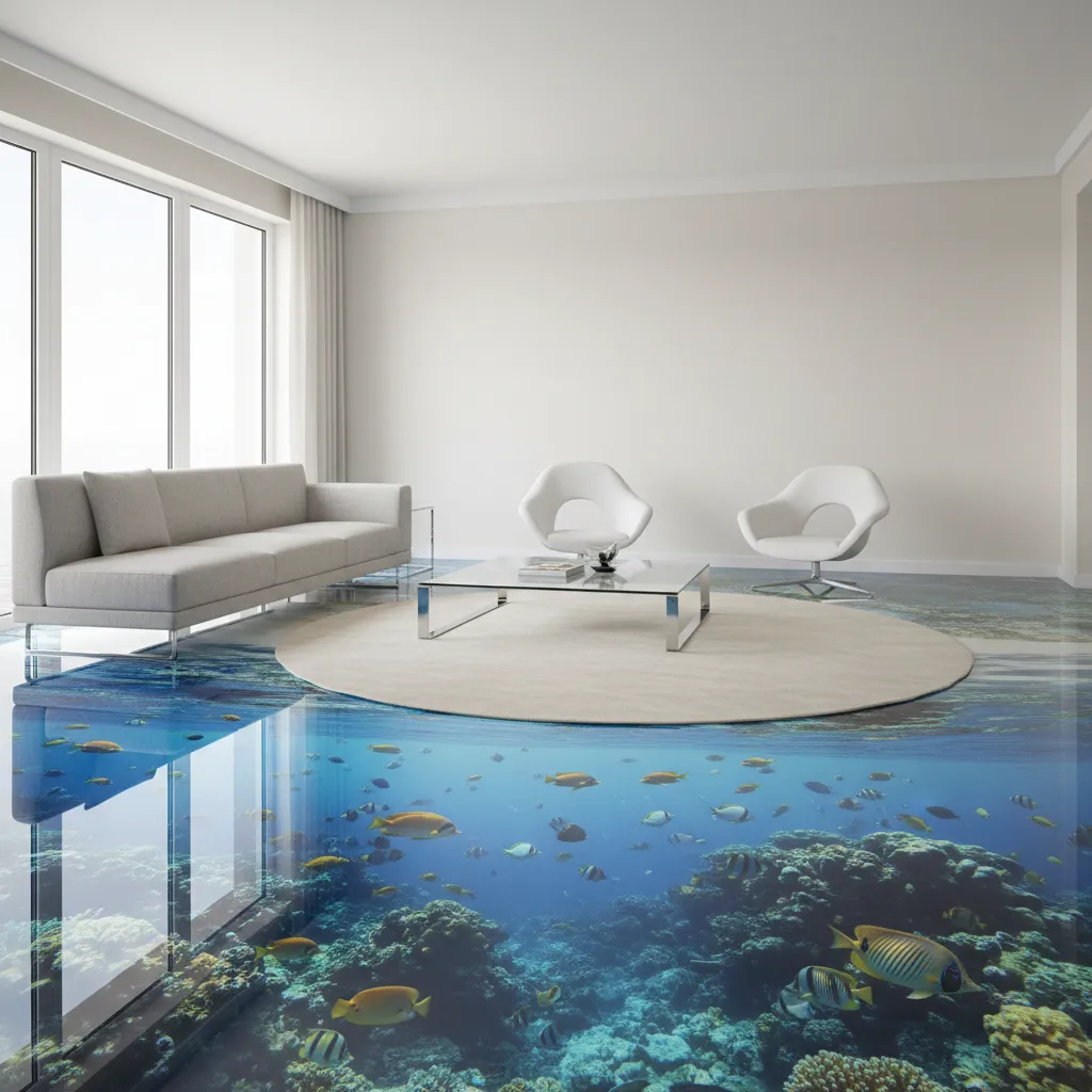 Luxury living room with glossy ocean themed 3D epoxy flooring
