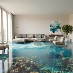 Modern living room with grey sofa and chairs featuring 3D ocean floor with colorful fish