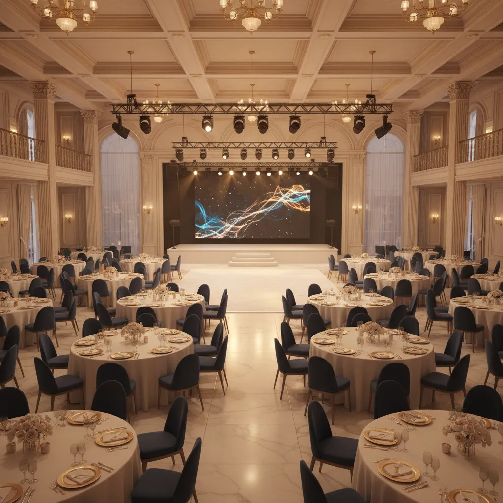 3D visualization of an event reception layout with tables and stage
