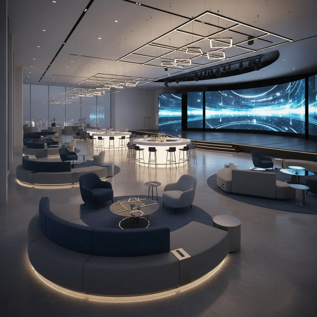 Modelo 3D de un espacio para evento con zonas de networking y escenario