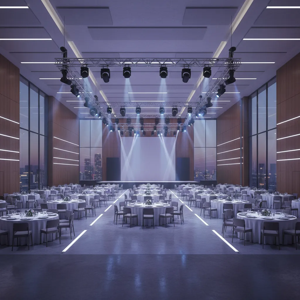 3D rendered preview of conference hall with tables stage and lighting layout