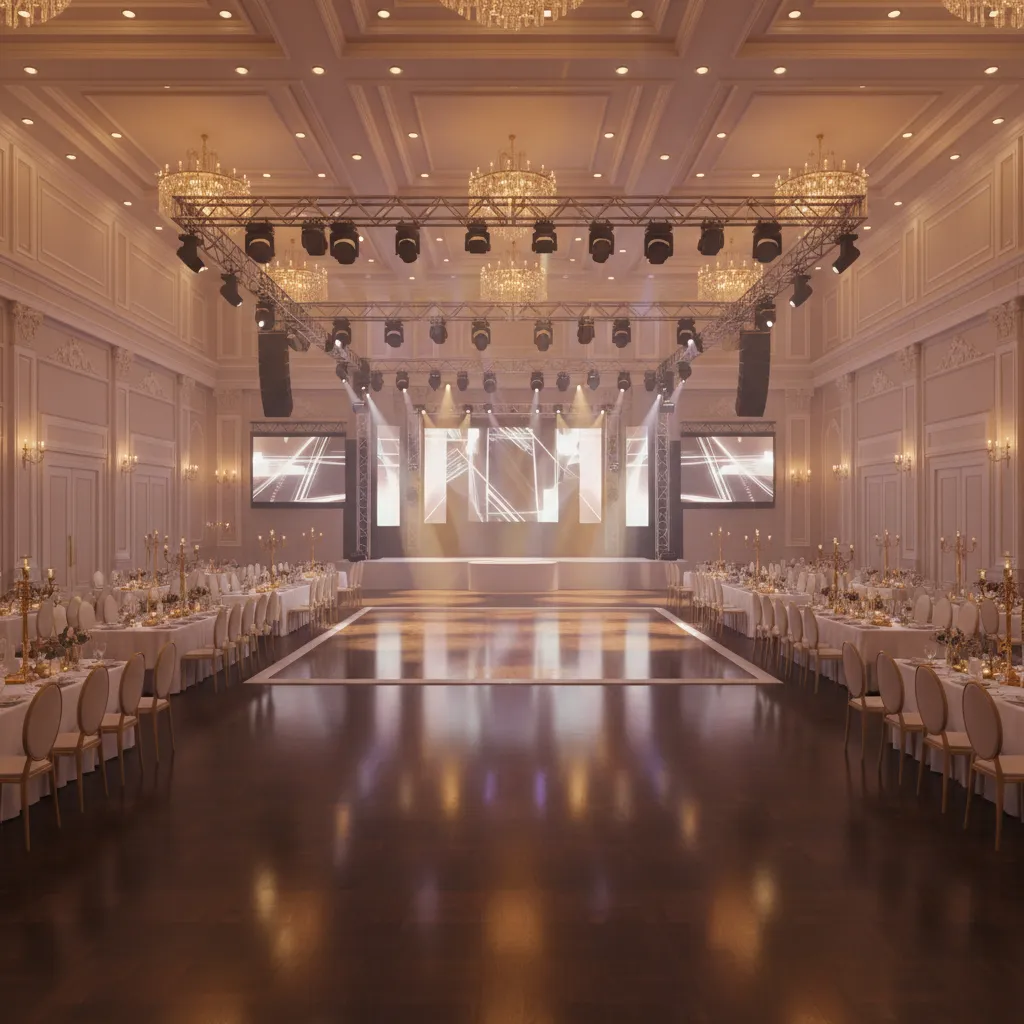 Elegant event hall interior design drawing with stage lights ceiling lights dining tables and floor