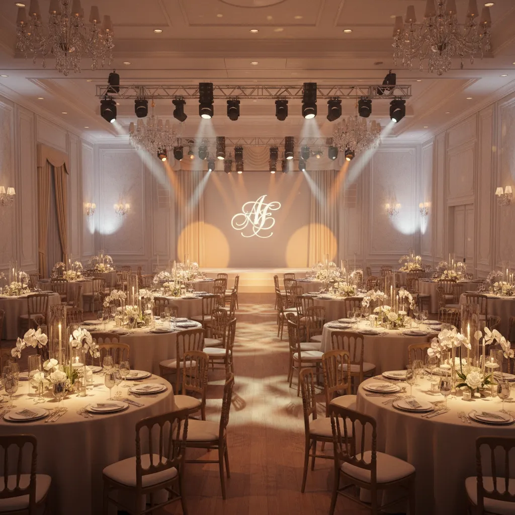 3D visualization of event venue layout with stage lighting and tables
