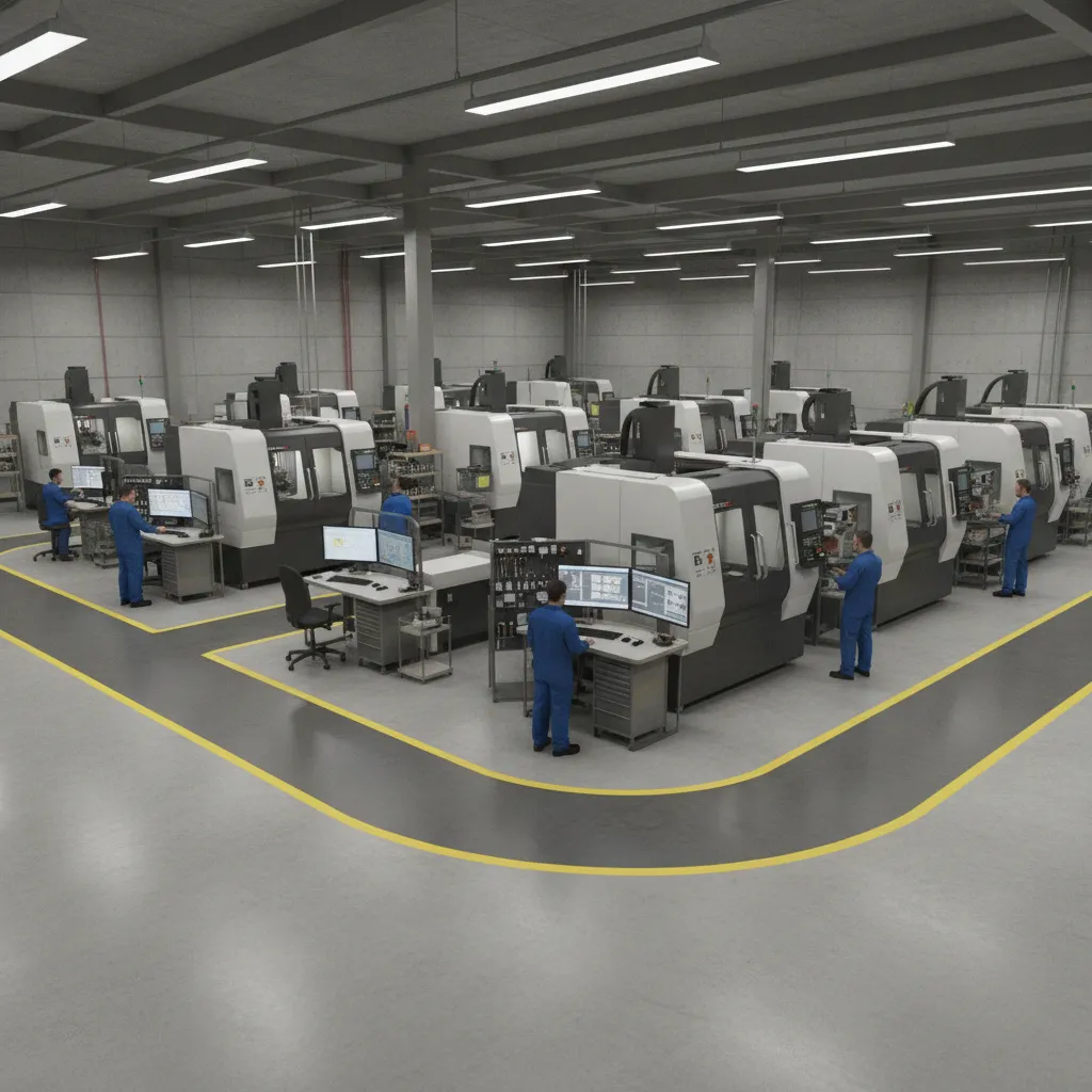 3D visualization of a manufacturing shop floor layout with machines and walkways