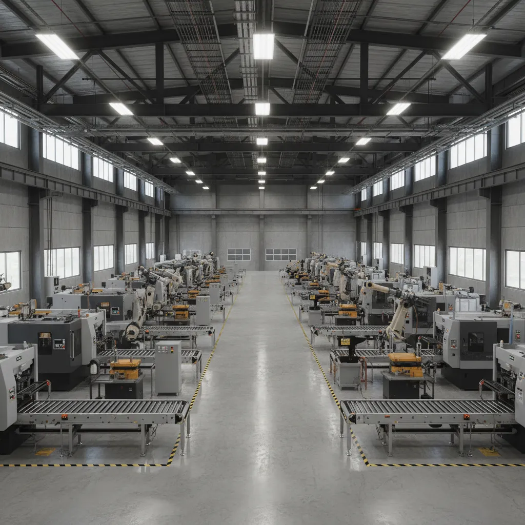 3D visualization of a factory floor layout with production machines and work zones