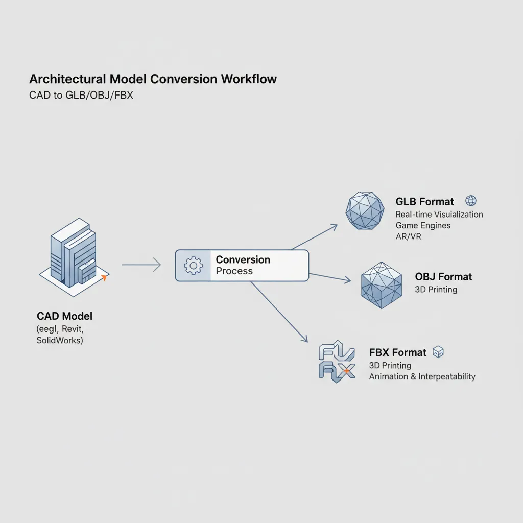 diagram showing conversion of CAD files into glb obj and fbx formats
