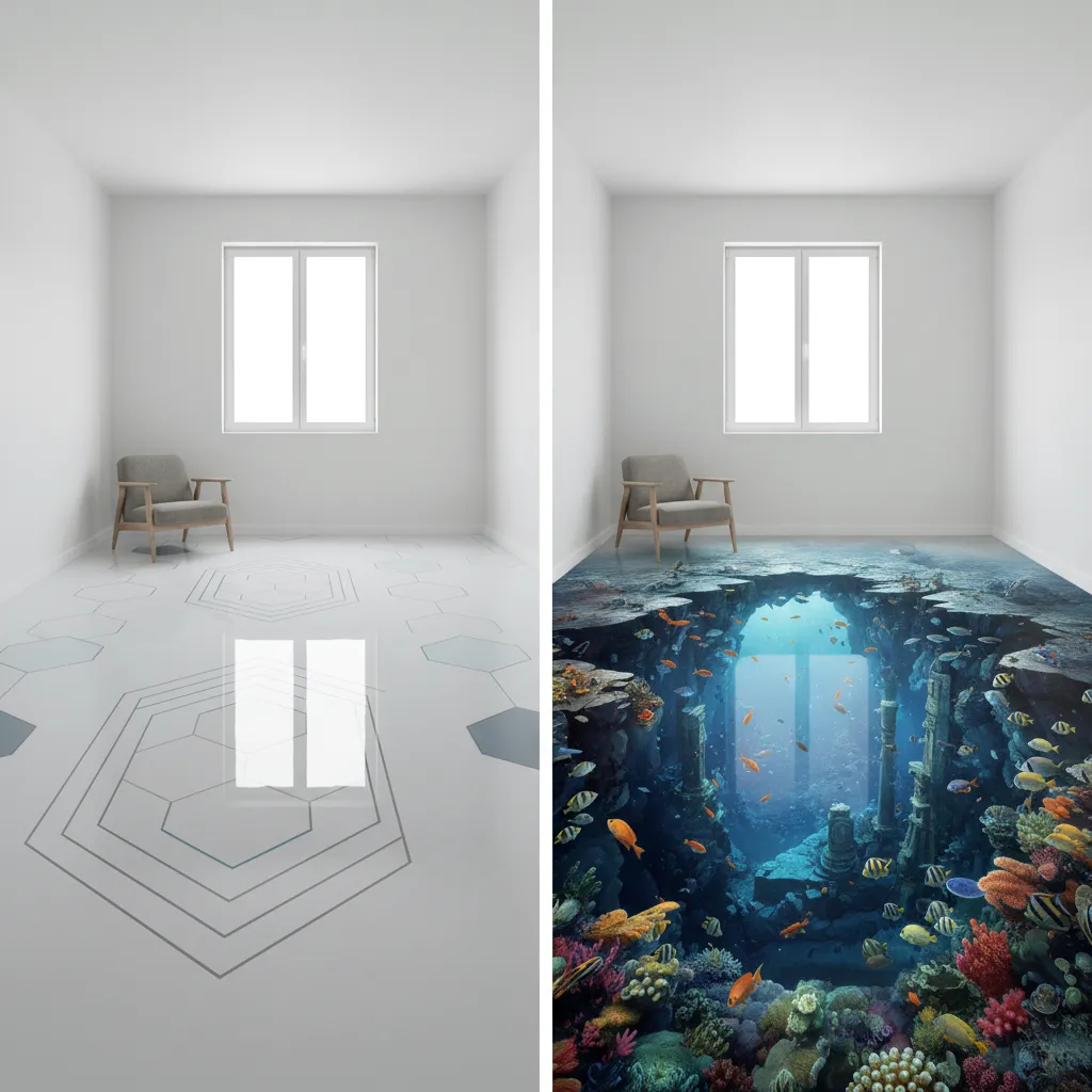 Side by side comparison of a simple floor pattern and a realistic underwater ocean floor