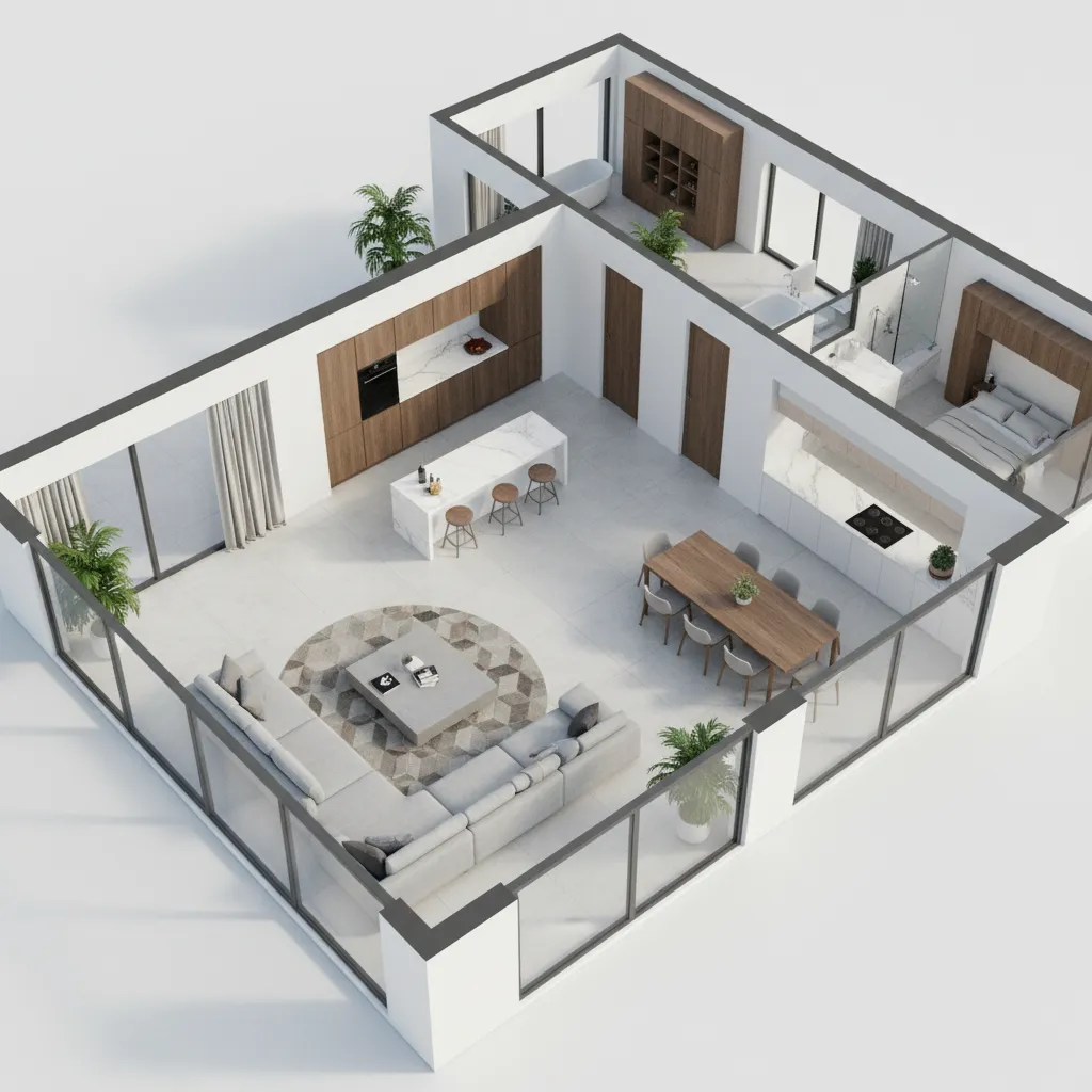 Interior design drawing of modern apartment showing living room kitchen island dining table and bedroom