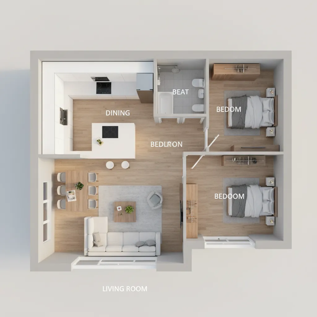 3D floor plan showing two bedrooms kitchen dining area white sofa bathroom and wood flooring