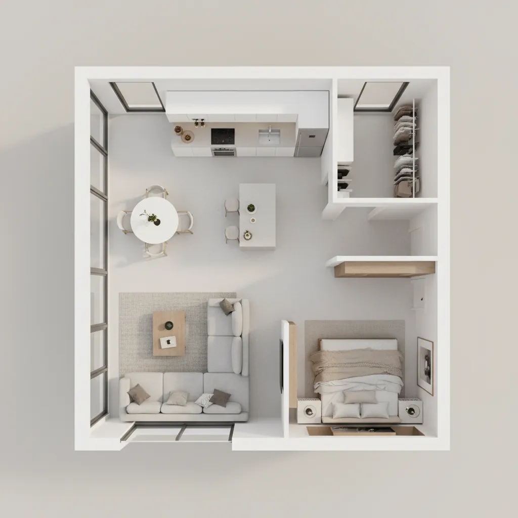 3D floor plan visualization of a modern apartment layout created on a mobile design app