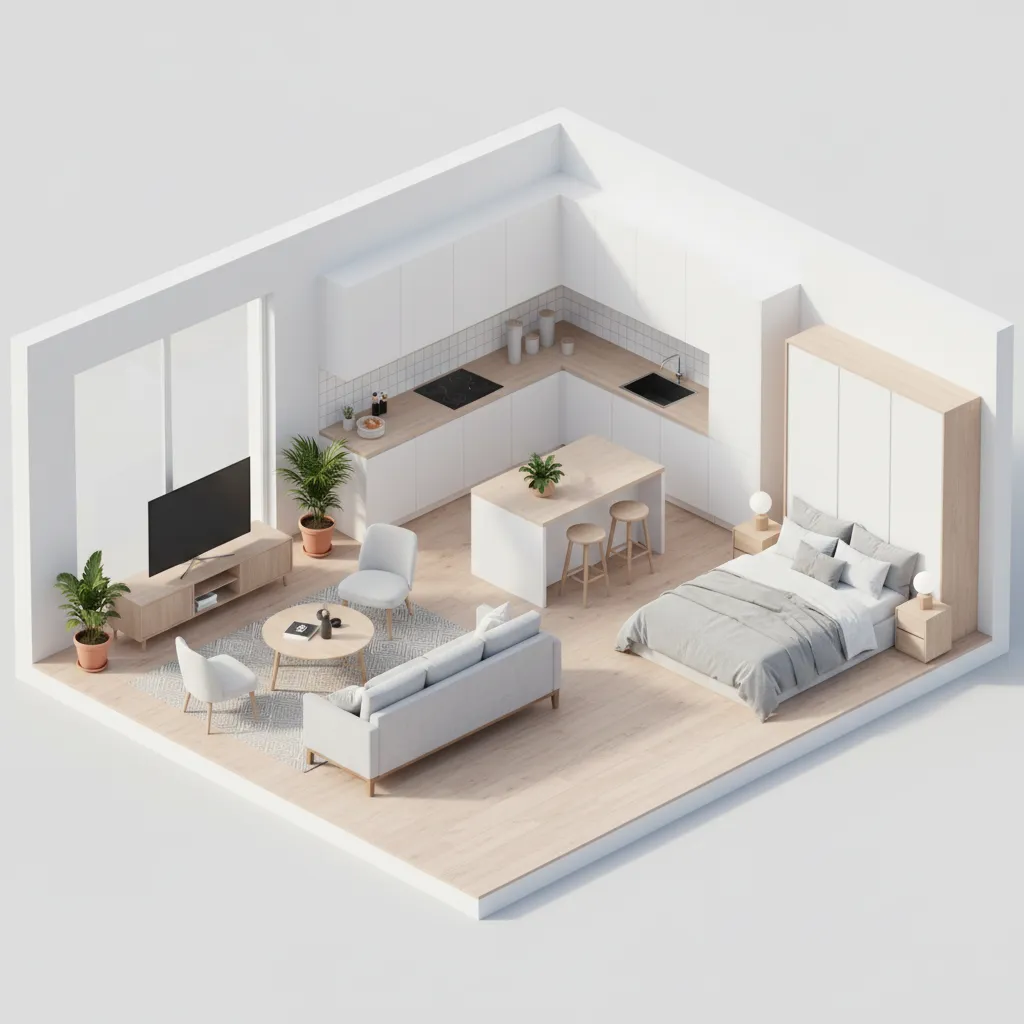Plano 3D de un apartamento pequeño con distribución de salón, cocina y dormitorio