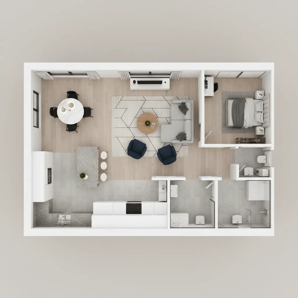 Plano 3D de piso mostrando distribución del mobiliario