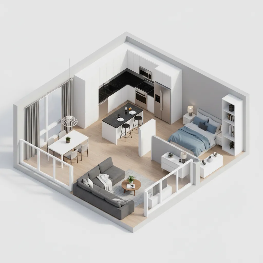 3D apartment floor plan showing furniture layout for learning interior design