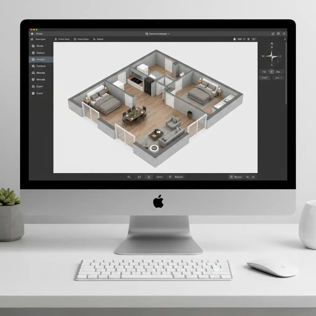 Example interface of a 3D floor plan design app showing room layout and furniture