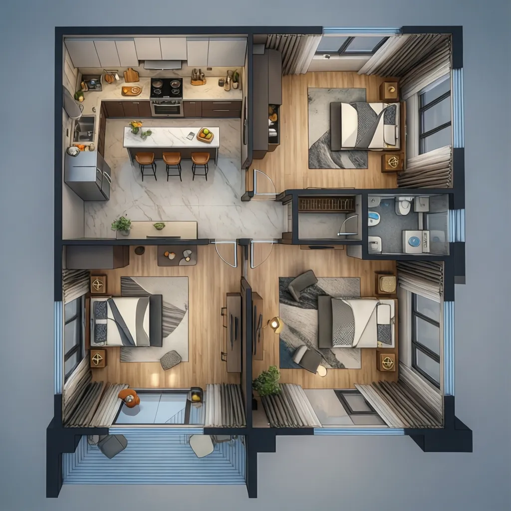 Plano 3D mostrando la distribución de una barra de bar en la cocina