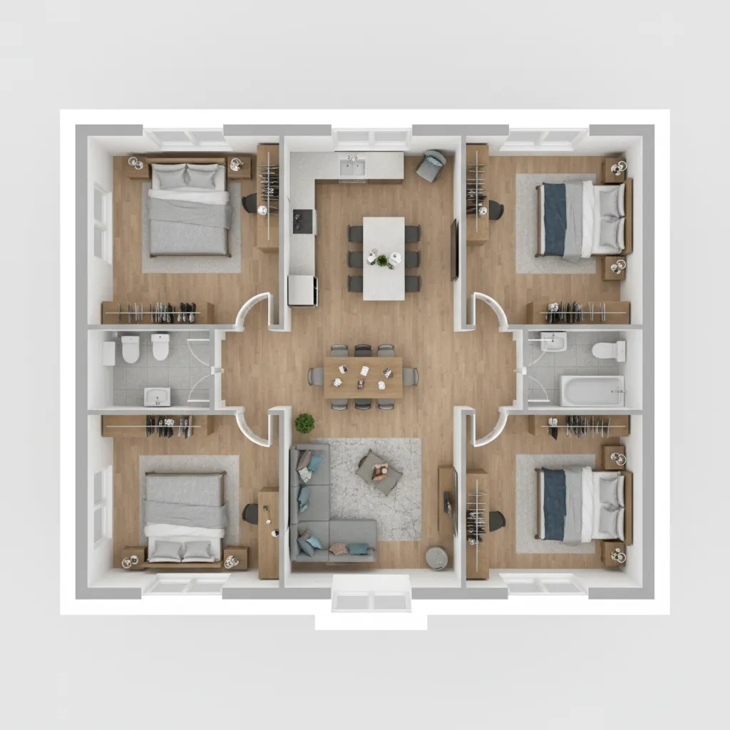 3D floor plan showing bedroom zoning and layout efficiency
