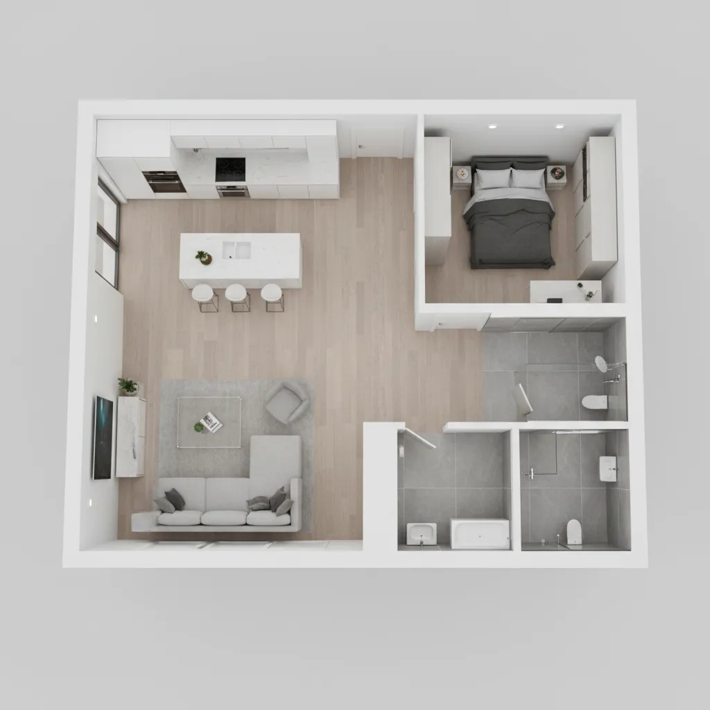 3D floor plan rendered from elevated camera angle showing clear room layout