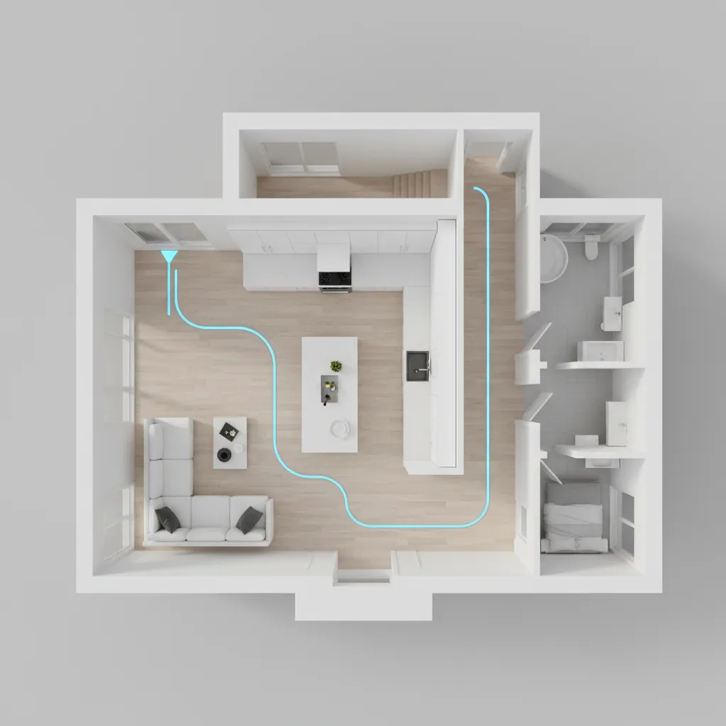 3D home floor plan highlighting circulation pathways
