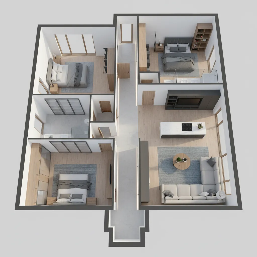 3D floor plan highlighting circulation paths in a three bedroom house