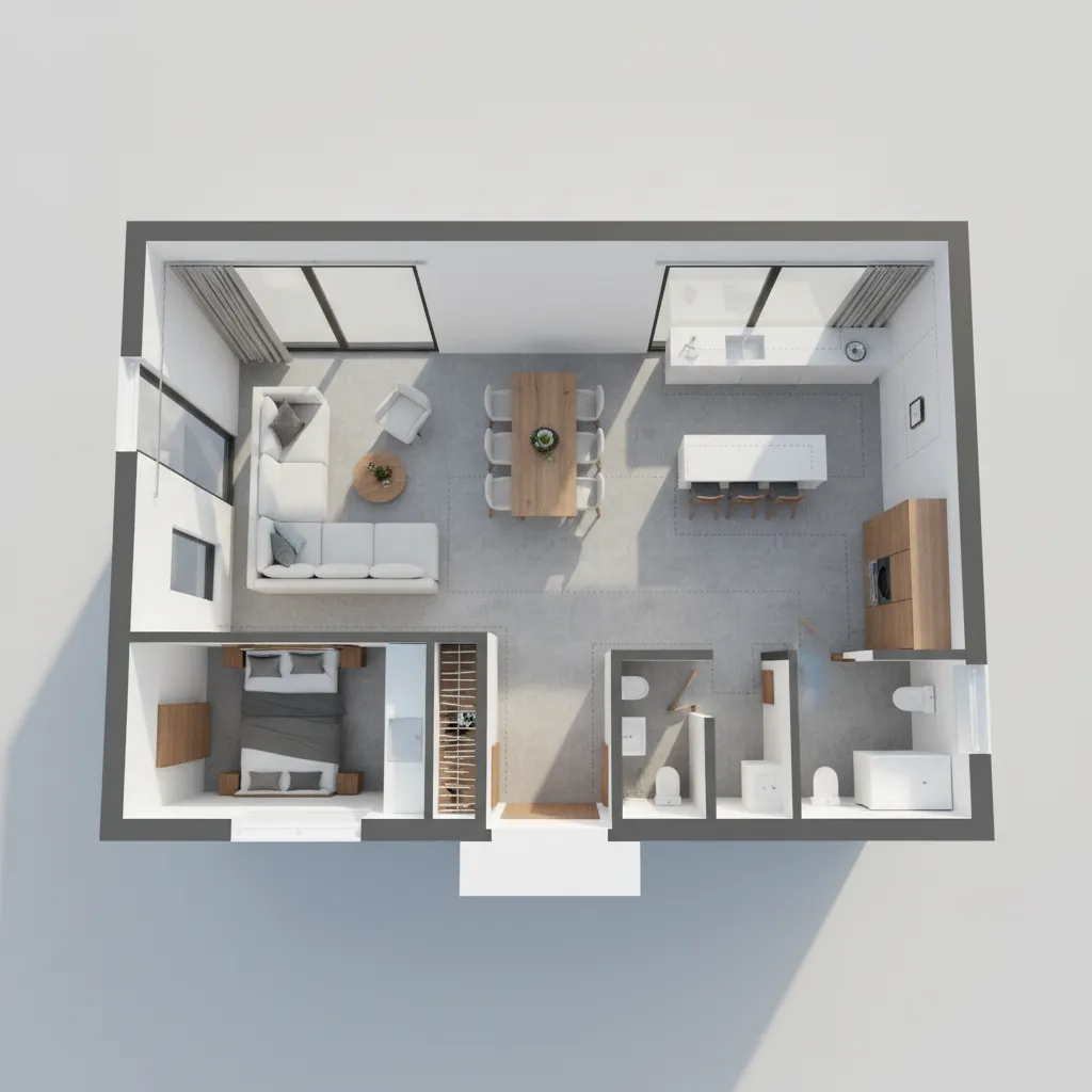 3D floor plan demonstrating circulation paths between living spaces