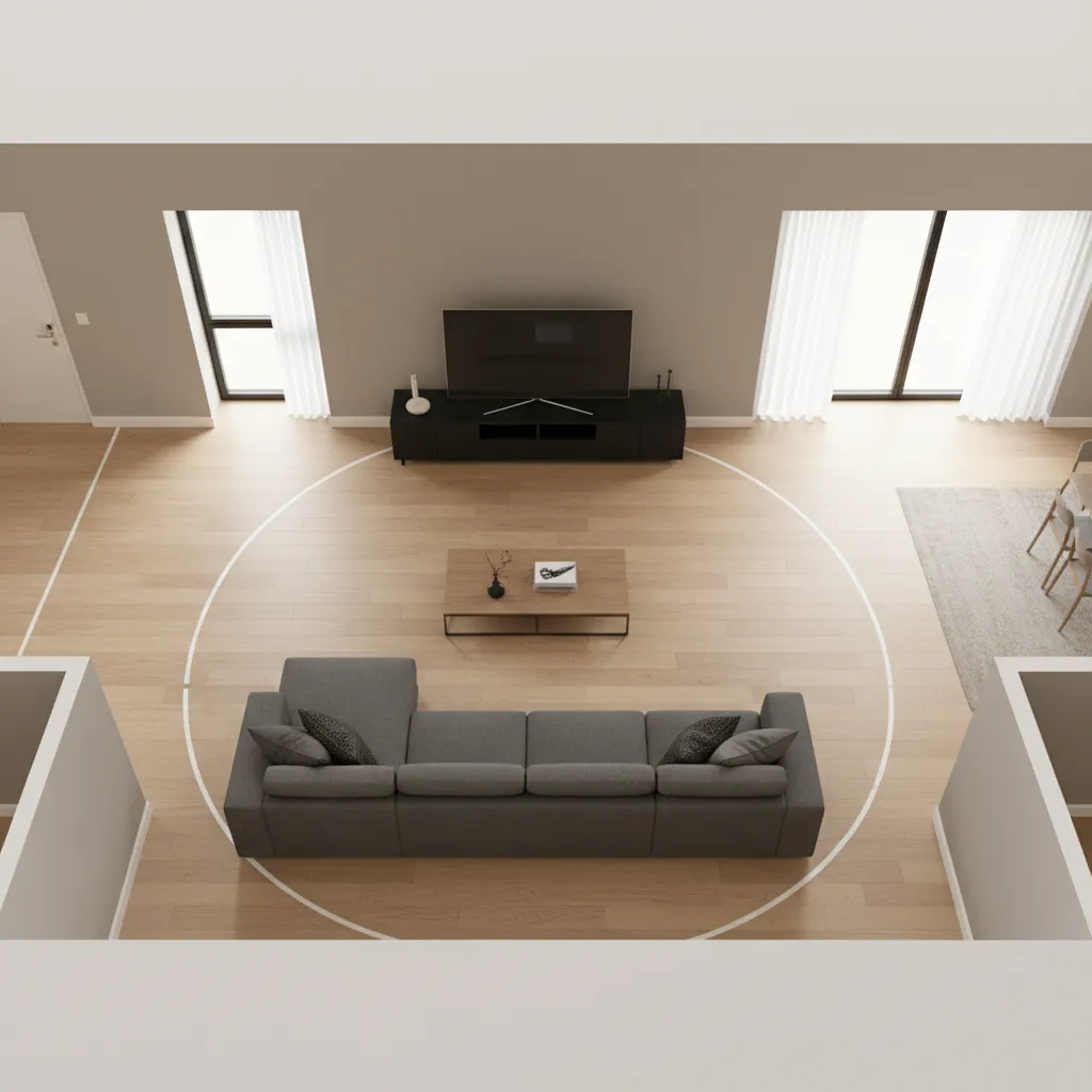 3D floor plan rendering highlighting furniture placement and walking paths