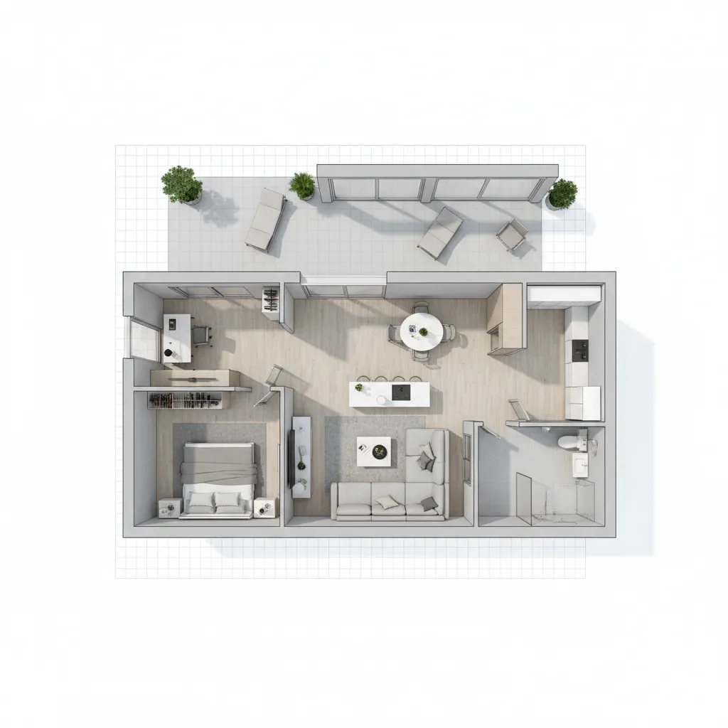 Plano 3D de una casa compacta mostrando la distribución de los espacios