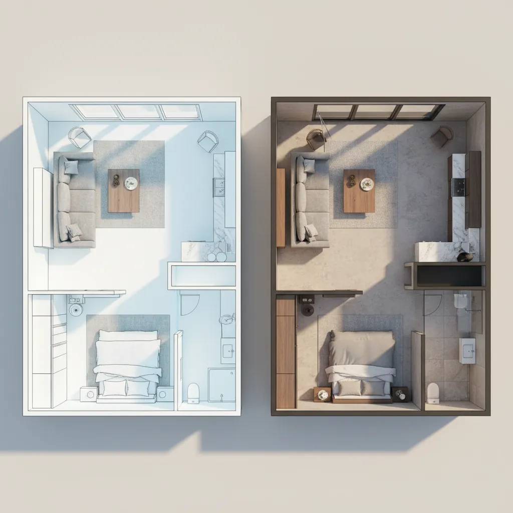 comparison style visualization of different 3D floor plan render qualities