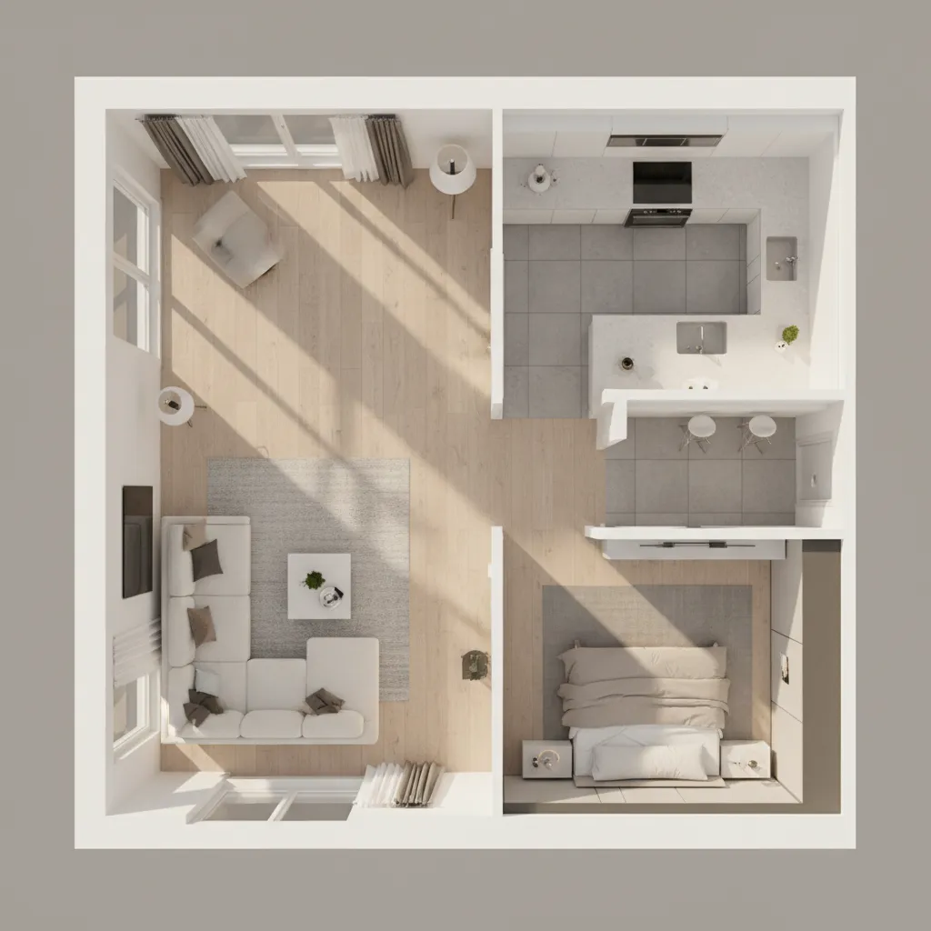 3D floor plan render showing depth created with balanced lighting