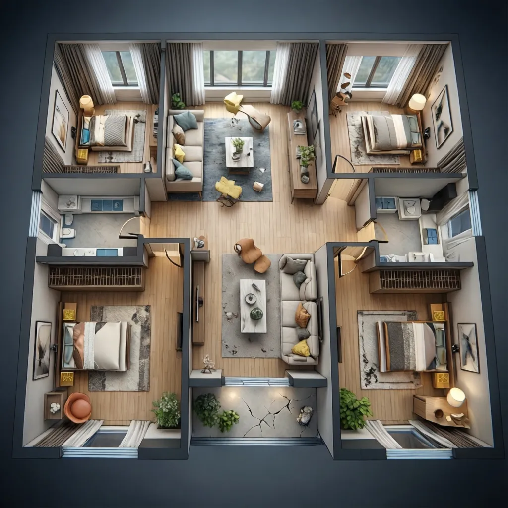 Three dimensional floor plan design showing four bedrooms two living areas wooden floors and modern furniture
