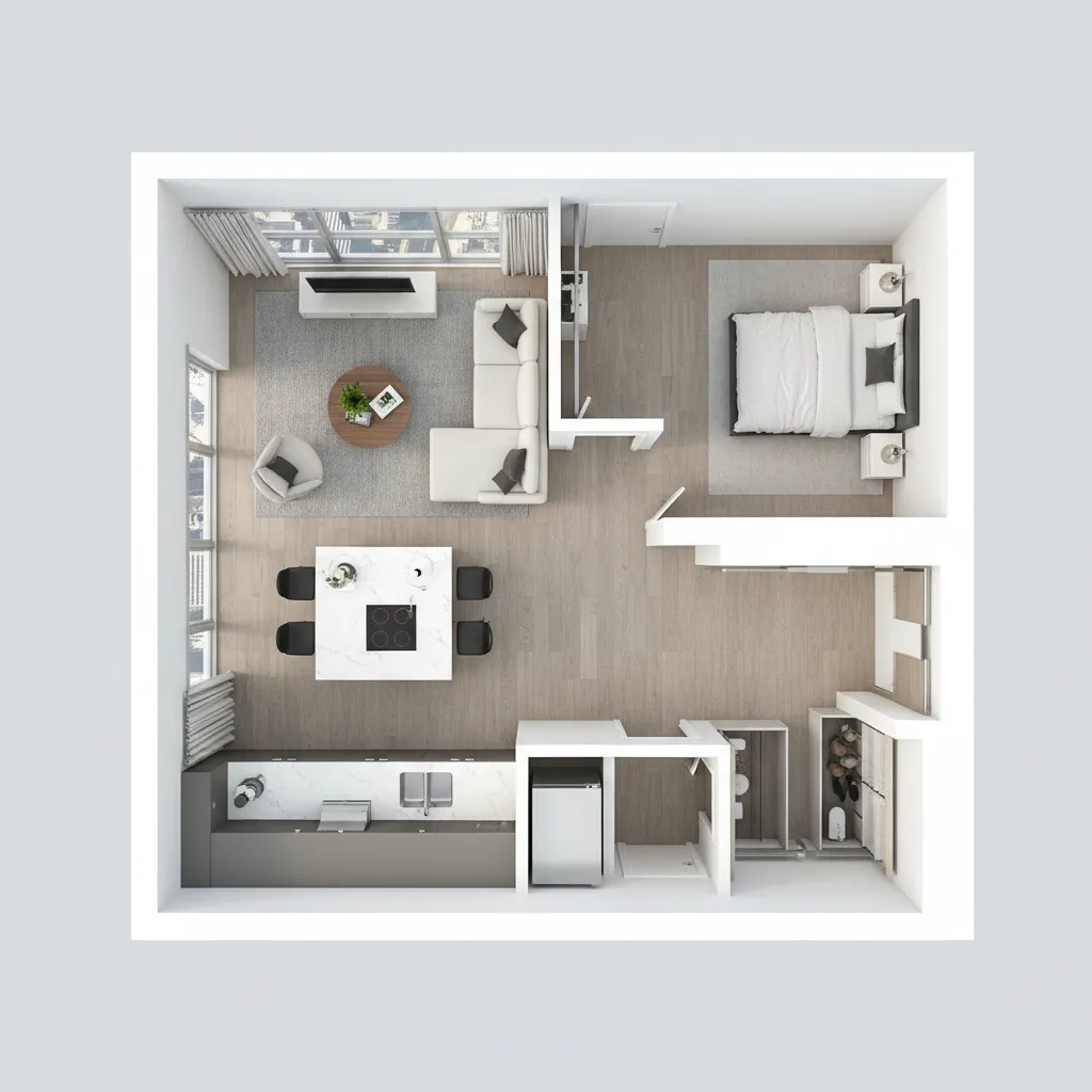 Three dimensional top down view showing a bedroom living area small kitchen and wood floor