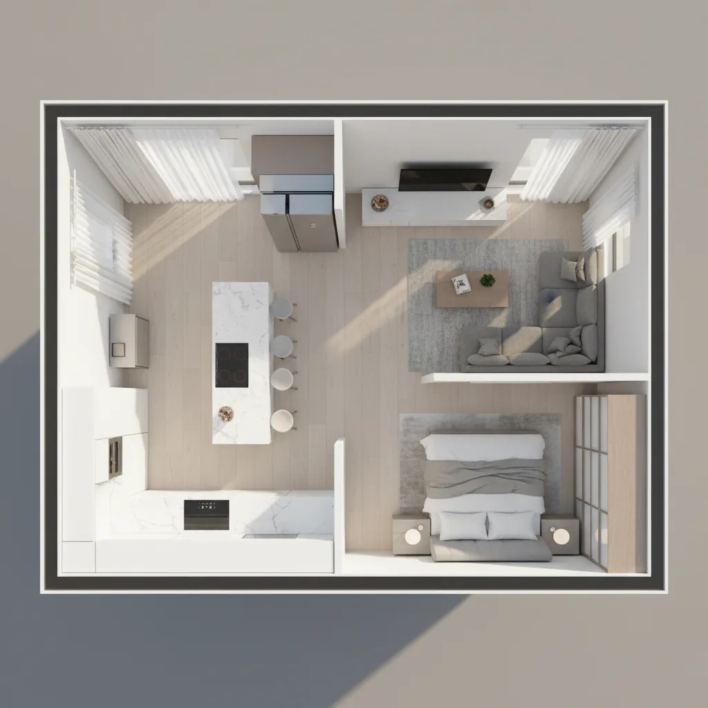Plano de casa en 3D con diferentes habitaciones y muebles