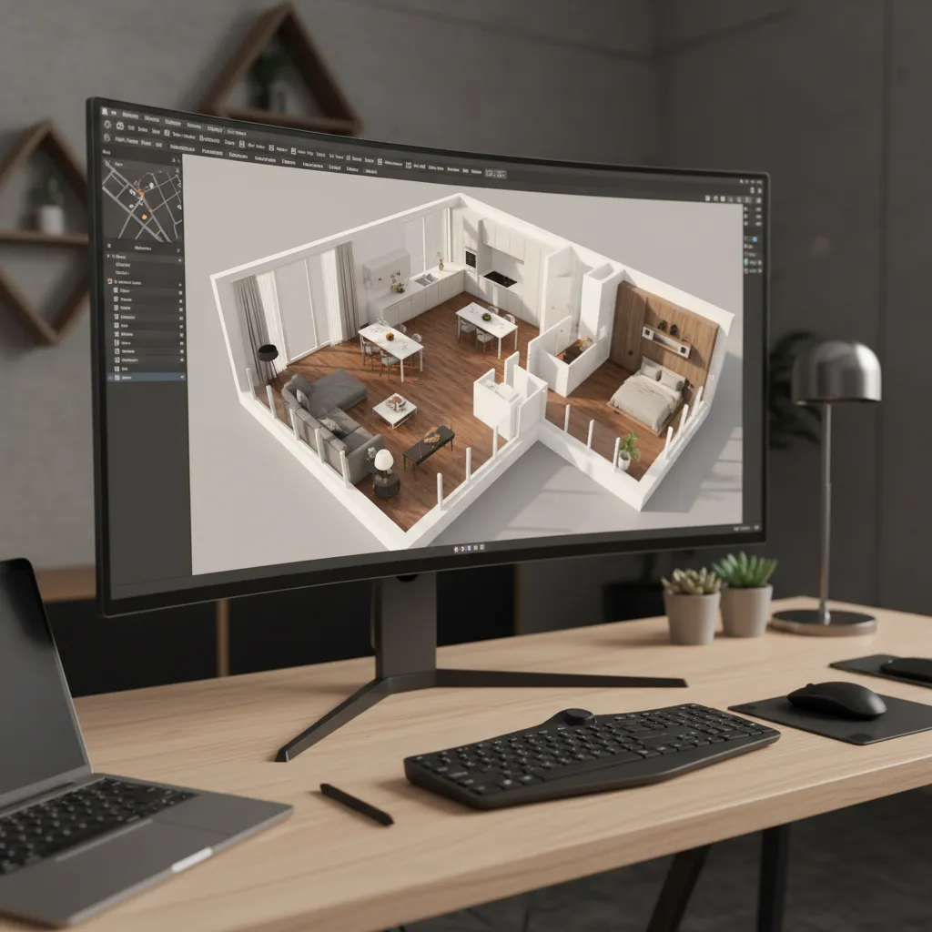 Wide monitor screen showing a three dimensional interior design drawing of a modern home layout