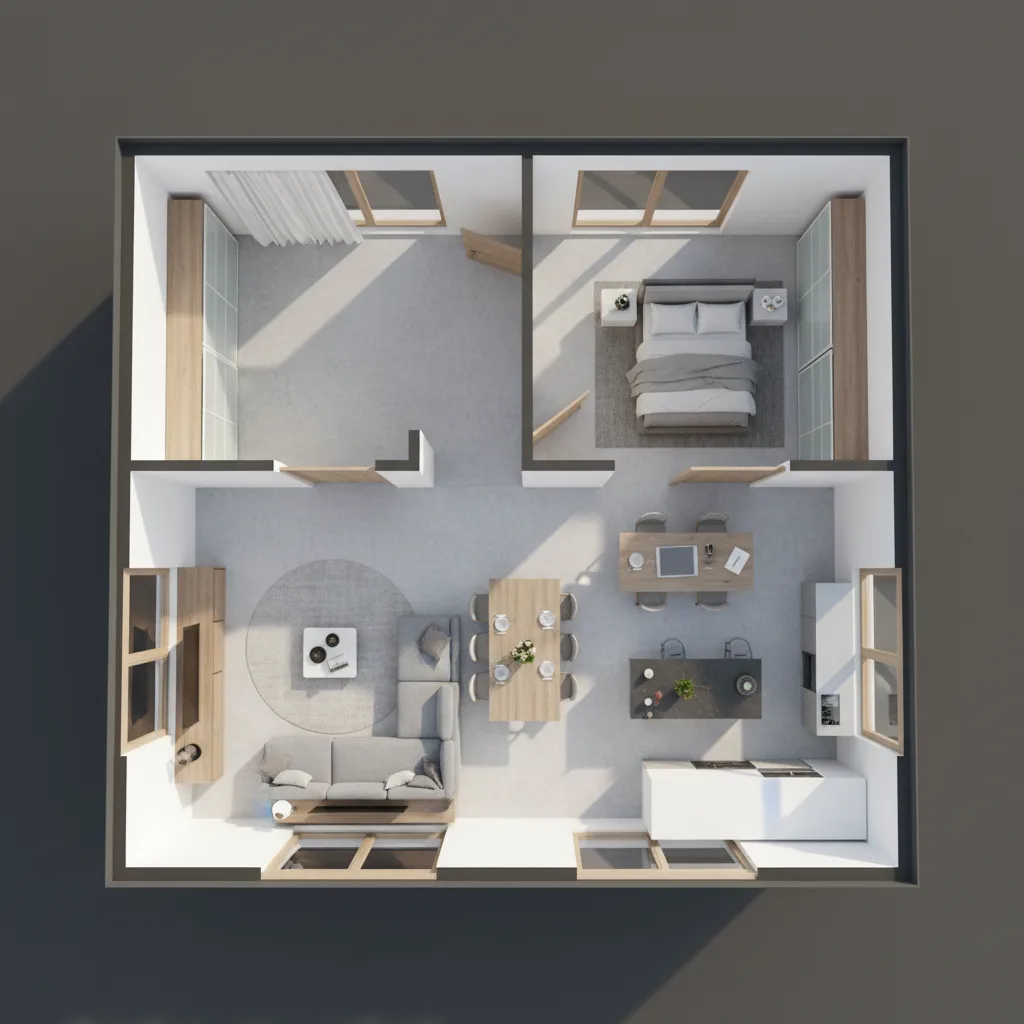Plano 3D de una vivienda mostrando distribución de habitaciones y muebles