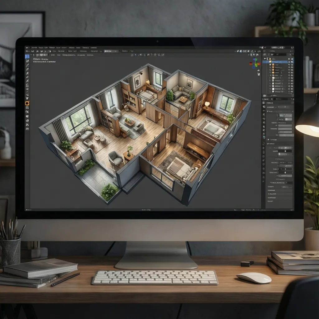 Computer monitor showing a three dimensional room layout of a modern apartment with furniture pieces
