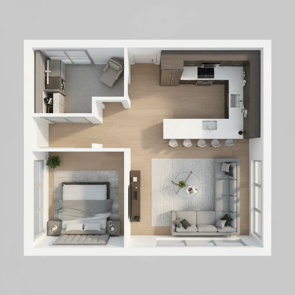 Top view of small apartment showing kitchen bathroom living room sofa bedroom and wooden floor