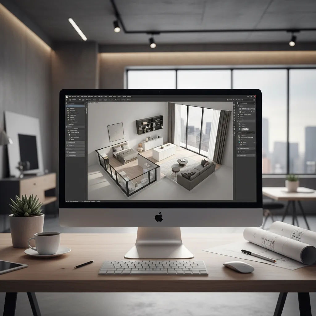 Pantalla mostrando un plano 3D de una vivienda en proceso de diseño