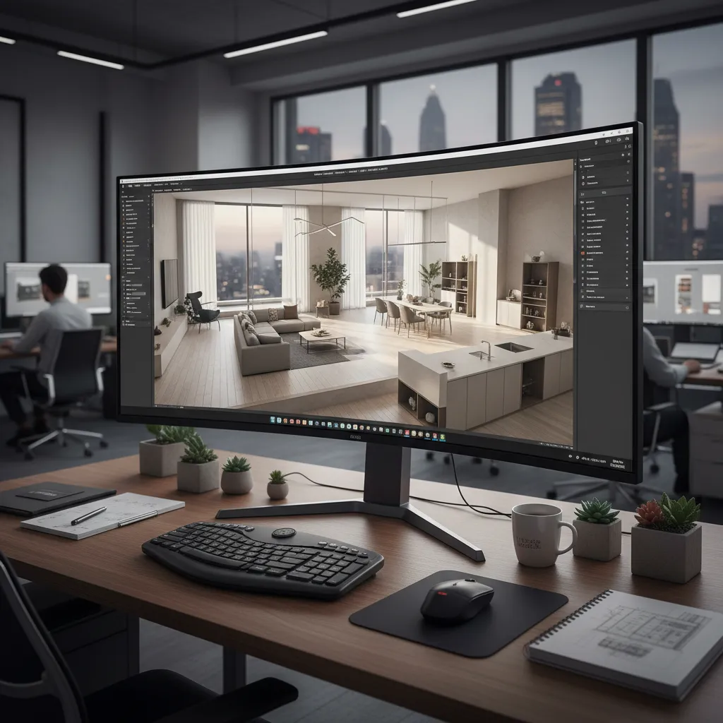 Pantalla de ordenador mostrando un plano 3D de distribución de un apartamento