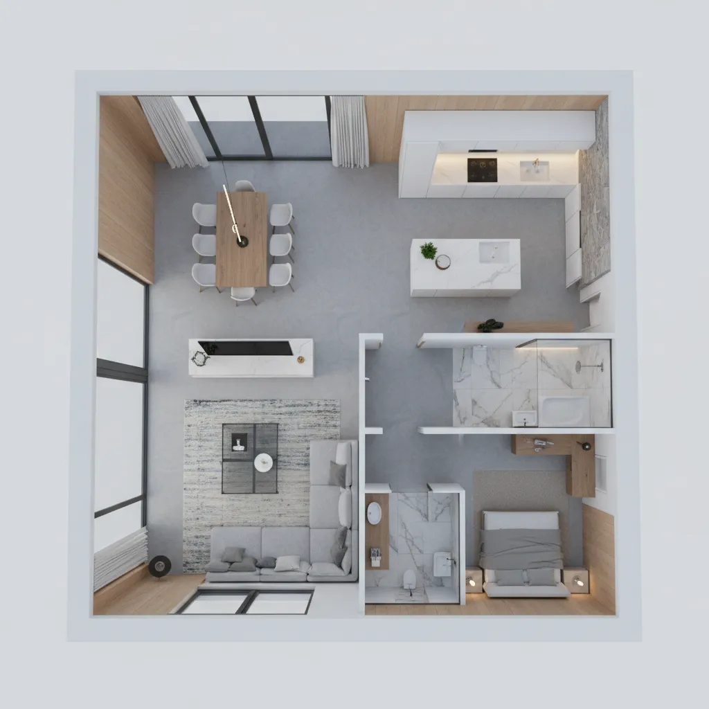 Visualización 3D de la distribución de un apartamento moderno