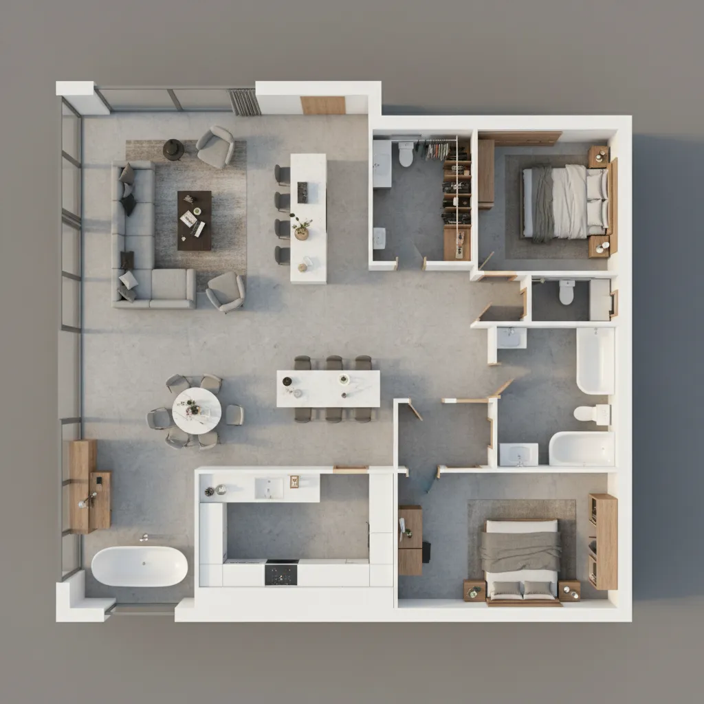 plano 3D de un apartamento con varias habitaciones