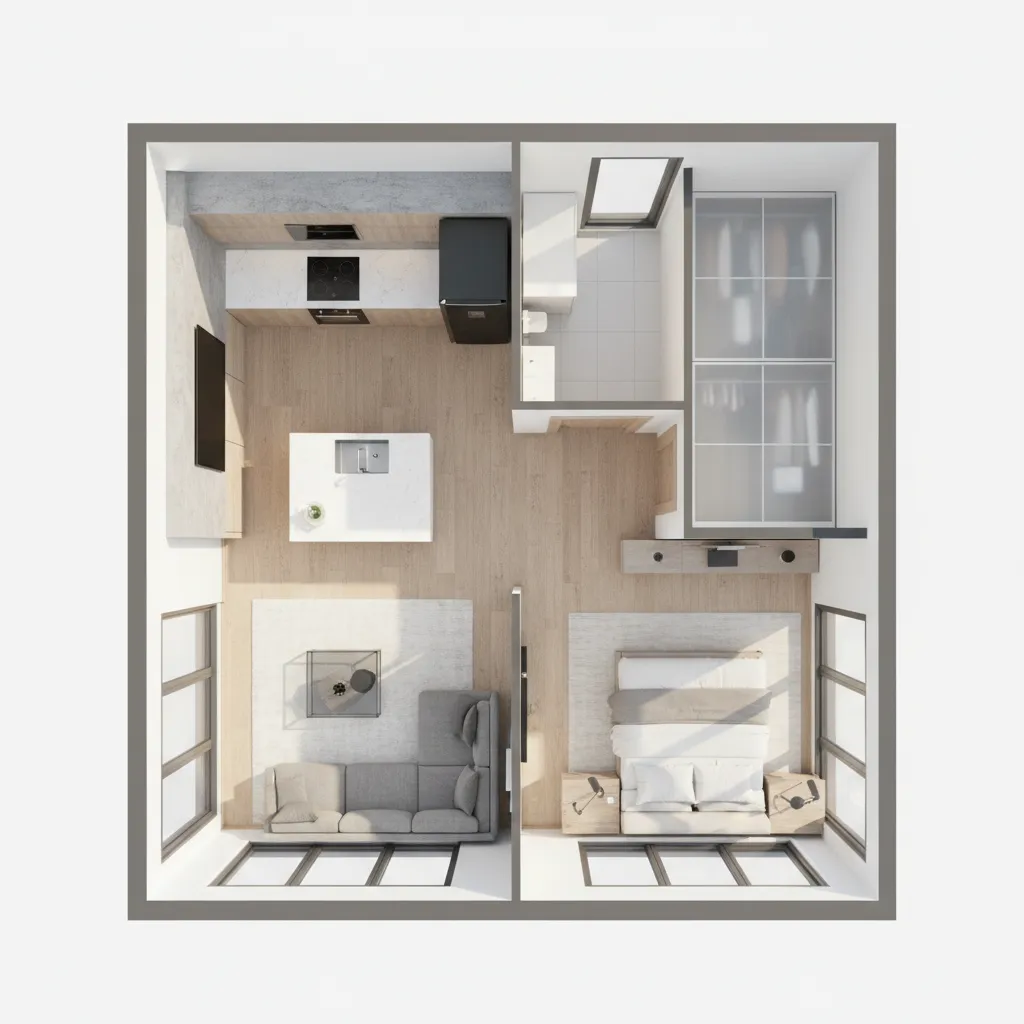 plano de planta 3D de un apartamento moderno