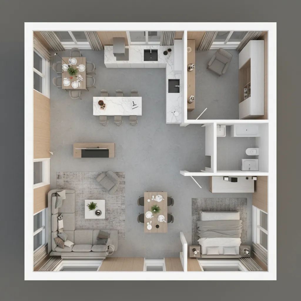 Plano 3D de apartamento con distribución de muebles y habitaciones