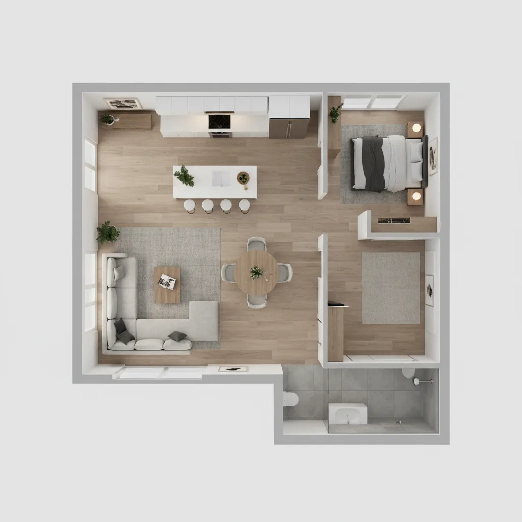 Plano de planta 3D de un apartamento con muebles y distribución clara