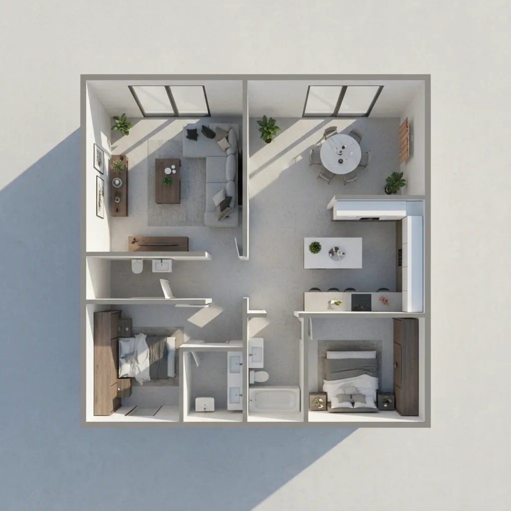 Top down interior design drawing showing two bedrooms living room kitchen and small dining area