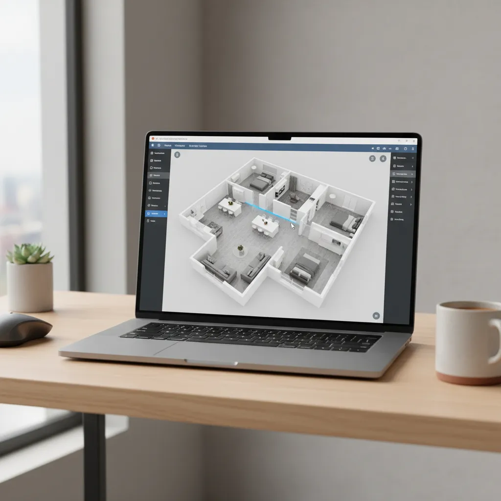User creating a 3D floor plan layout on a laptop screen