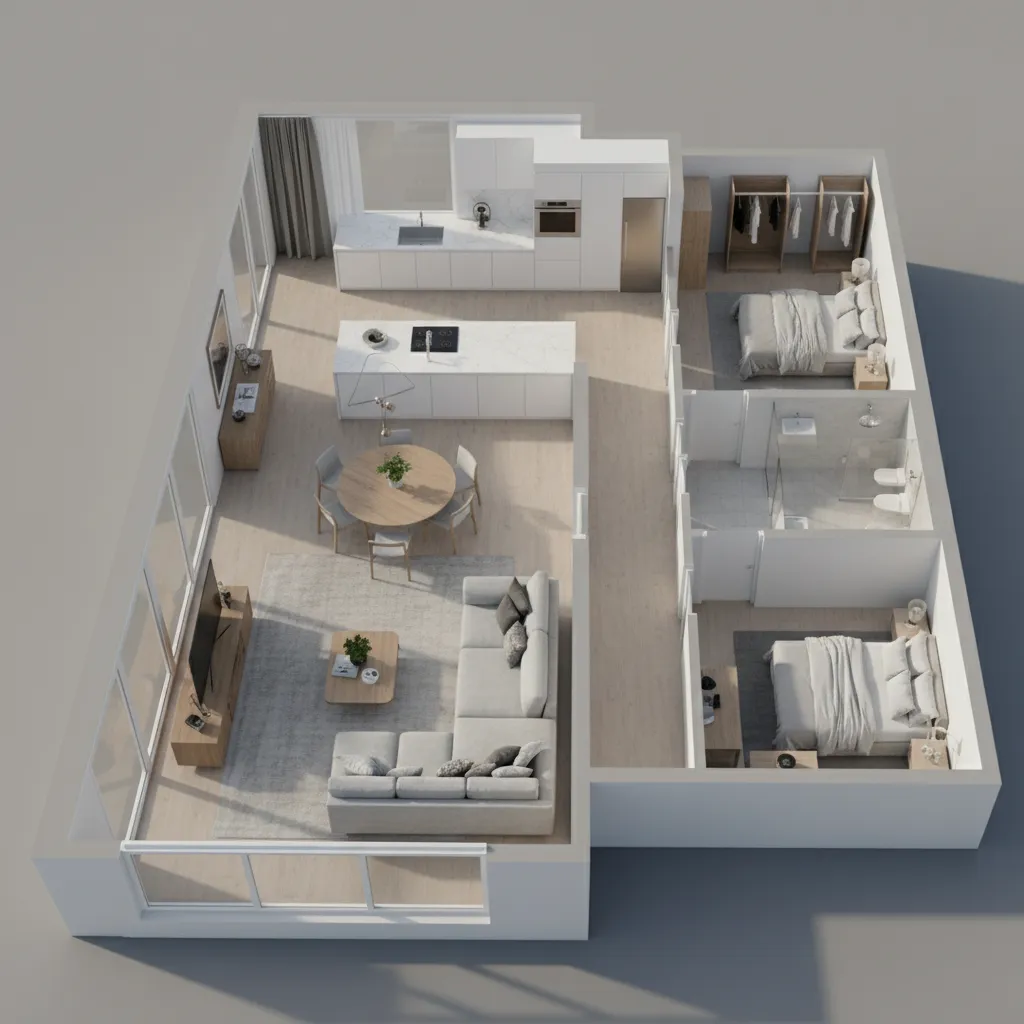 3D floor plan layout showing residential room planning and furniture arrangement