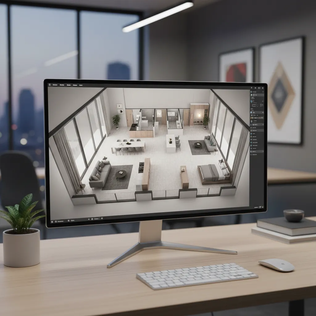 3D floor plan layout displayed on screen during interior design review