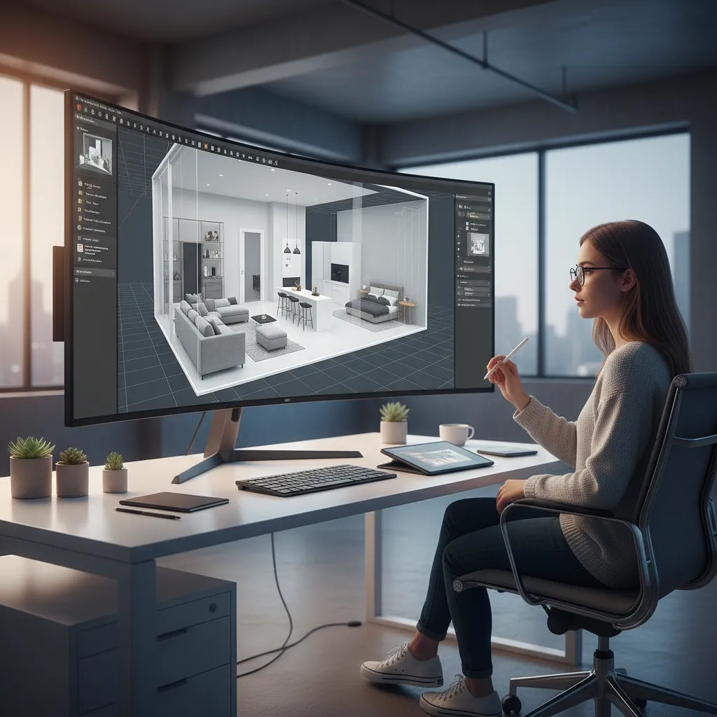 Diseñador creando una distribución interior en un software 3D